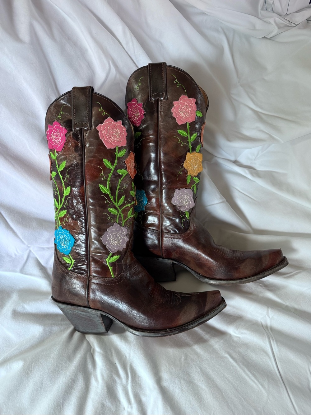 Rare Justin L4351 Floral Rose Leather Cowboy Boots Brown Womens 8B with box
